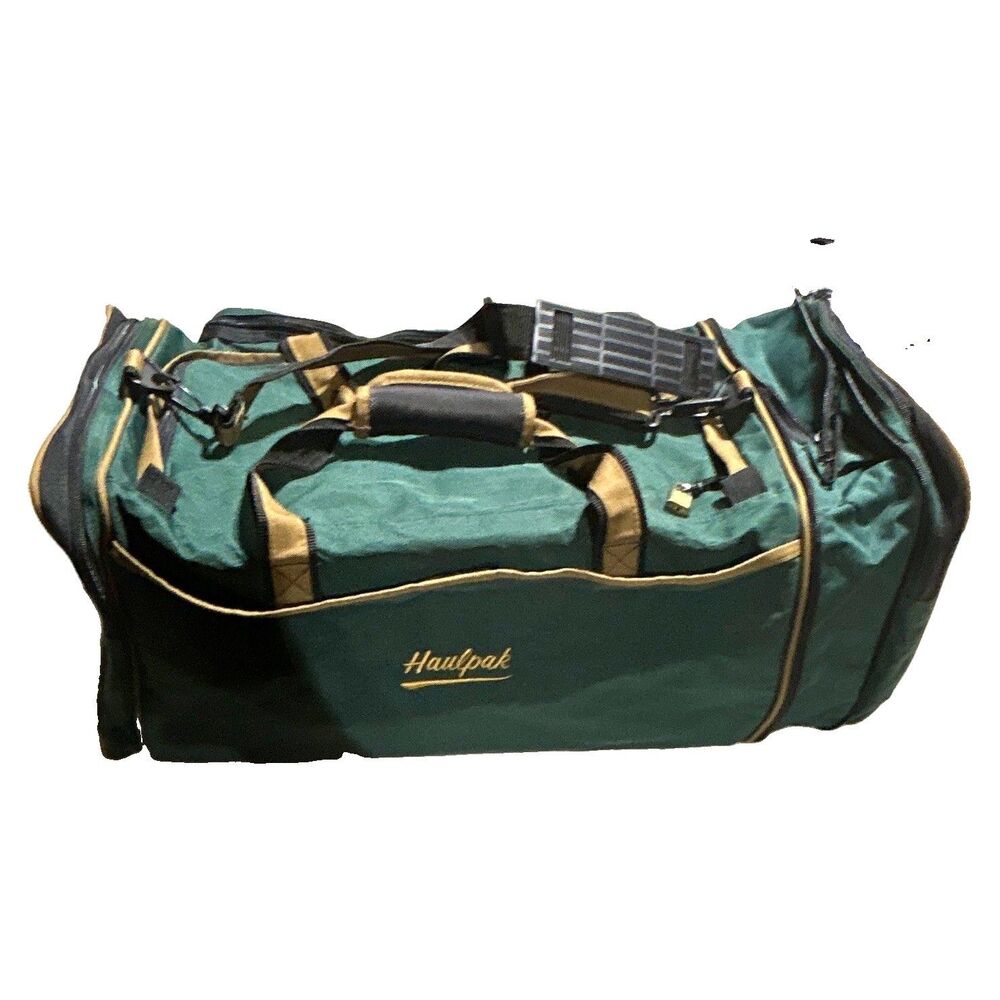 Vintage Haulpak Green Tan Canvas Duffle Bag Large Travel Gym Weekender Luggage